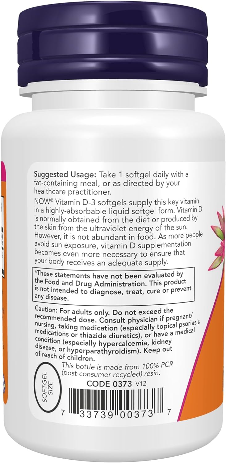Vitamin D-3 5,000 IU, High Potency, Structural Support, 240 Softgels- NOW