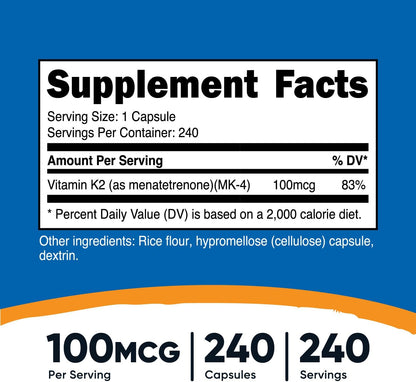 Nutricost Vitamin K2 (MK4) 240 Capsulas (100mcg) - NUTRICOST