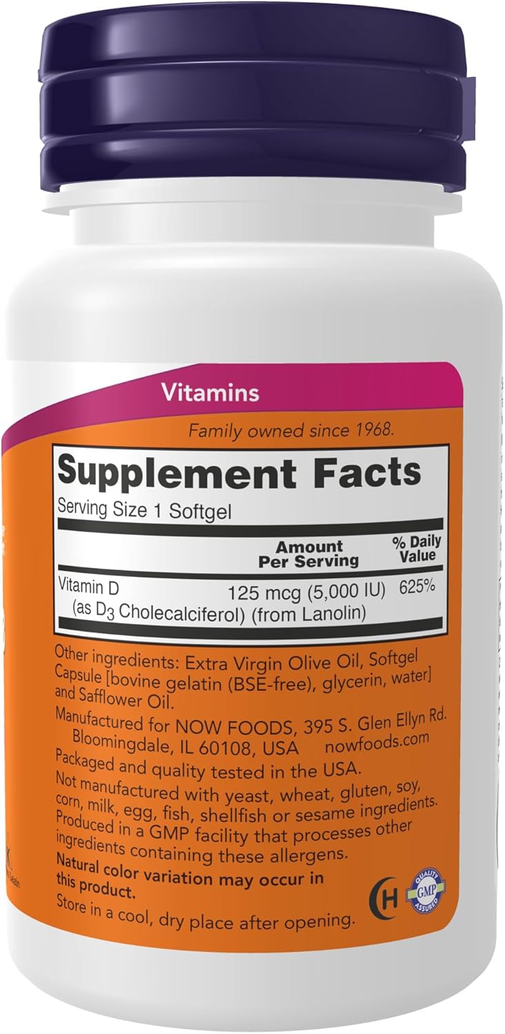 Vitamin D-3 5,000 IU, High Potency, Structural Support, 240 Softgels- NOW
