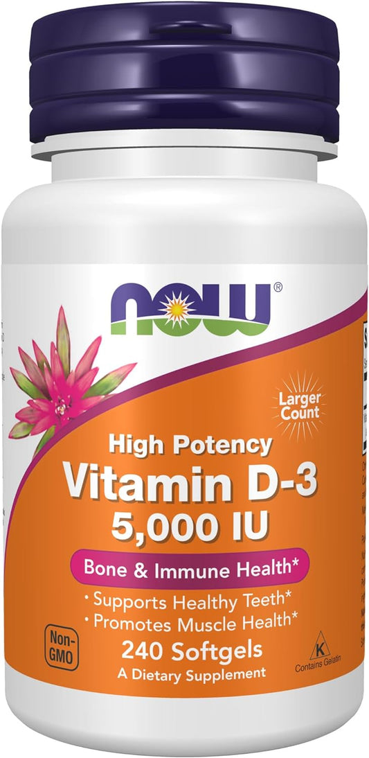 Vitamin D-3 5,000 IU, High Potency, Structural Support, 240 Softgels- NOW