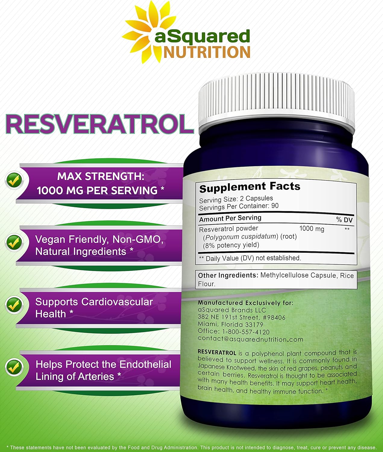 Resveratrol 1000mg Max Strength (180 Capsules) - aSquared Nutrition