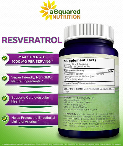Resveratrol 1000mg Max Strength (180 Capsules) - aSquared Nutrition