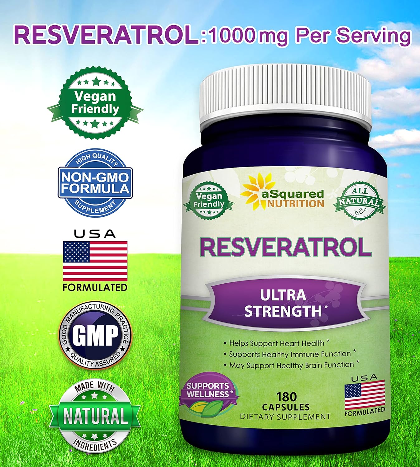Resveratrol 1000mg Max Strength (180 Capsules) - aSquared Nutrition